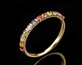 Rainbow Sapphire Eternity Ring, Multi-Color Sapphire Ring ,18k Solid Gold Ring, Unique Engagement Ring, Anniversary Gift For Her