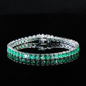 Synthetic Emerald Bracelet, 18k White Gold Plated, Tennis Emerald Bracelet, Delicate Bracelet, Statement Bracelet Gift for Her for Women
