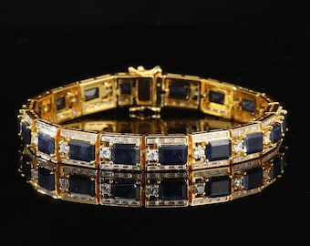 Natural Sapphire Bracelet, 18k Yellow Gold Plated, Tennis Sapphire Bracelet, Delicate Bracelet, Statement Bracelet Gift for Her for Women