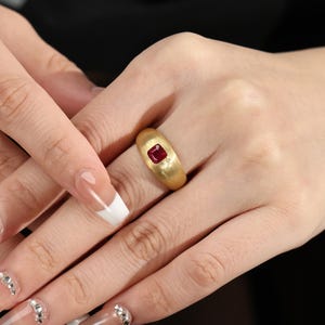 Simple Ruby Ring, Handmade Brushed Gold Ring, 18k Yellow Gold Plated, Unique Engagement Ring, Statement Ring For Women, Daily Jewelry