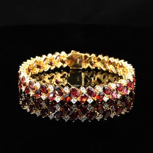 Natural Garnet Bracelet, 18k Yellow Gold Plated, Tennis Red Garnet Bracelet, Delicate Bracelet, Statement Bracelet Gift for Her for Women