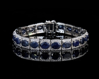 6*8mm Oval Sapphire Bracelet, 18k White Gold Plated, Tennis Sapphire Bracelet, Delicate Bracelet, Statement Bracelet Gift for Her for Women