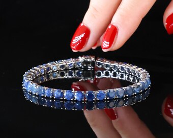5mm Round Sapphire Bracelet, 18k White Gold Plated, Tennis Sapphire Bracelet, Delicate Bracelet, Statement Bracelet Gift for Her for Women