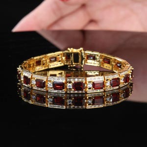 Natural Garnet Bracelet, 18k Yellow Gold Plated, Tennis Red Garnet Bracelet, Delicate Bracelet, Statement Bracelet Gift for Her for Women