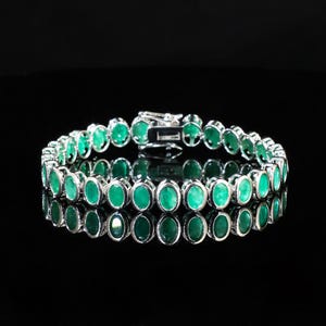 Oval Emerald Bracelet, 18k White Gold Plated, Tennis Emerald Bracelet, Delicate Bracelet, Statement Bracelet Gift for Her for Women