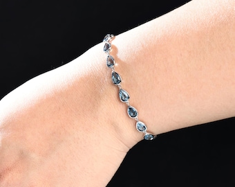 Natural Swiss Blue Topaz Bracelet, 18k White Gold Plated, About 12.9ct 5*7mm Pear Topaz, Women Topaz Bracelet, Gift For Her, Daily  Bracelet