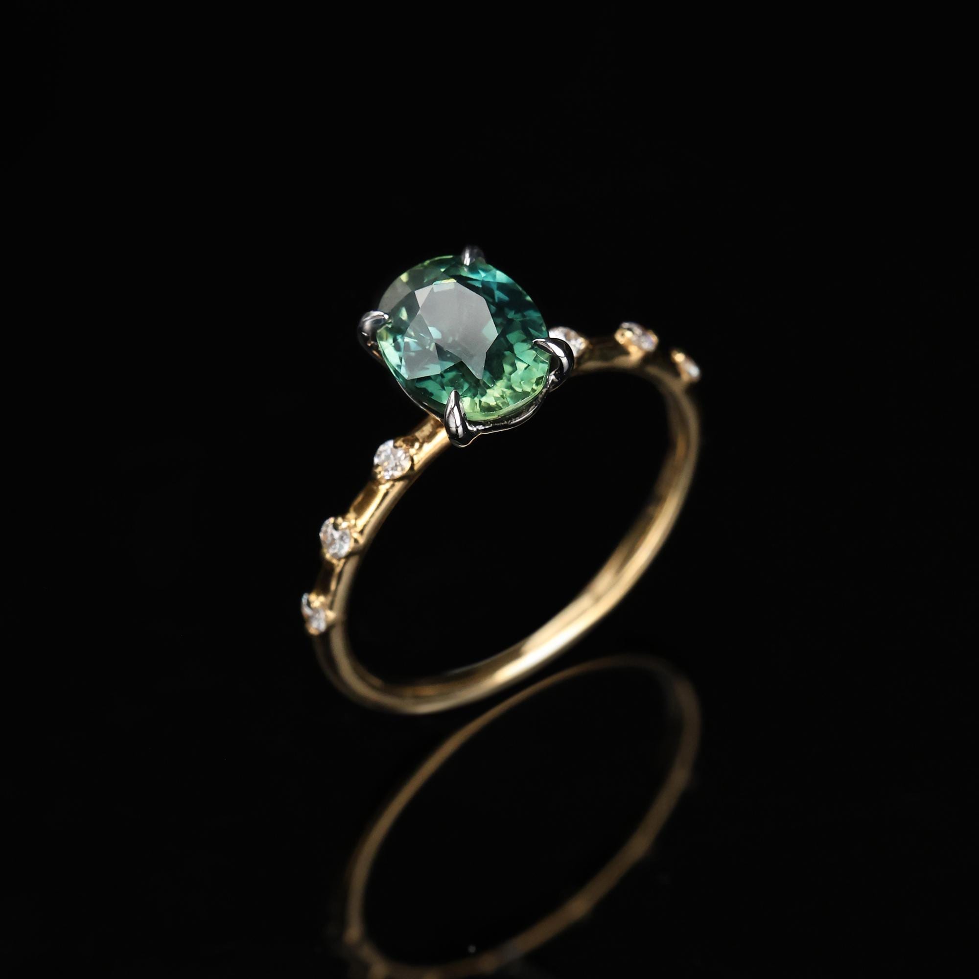 Teal Color Sapphire Ring with Diamond, 18k Solid Gold Ring ,1.968ct Oval Sapphire, Simple Green Sapphire Ring, Gift for Her for Women