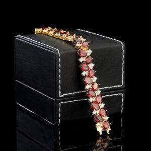 Natural Garnet Bracelet, 18k Yellow Gold Plated, Tennis Red Garnet Bracelet, Delicate Bracelet, Statement Bracelet Gift for Her for Women