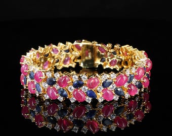 Women Elegant Bracelet, 925 Silver With Gold Plated, Ruby And Sapphire, Gemstone Bracelet, Gift For Her Bracelet For Women ,Daily Jewelry