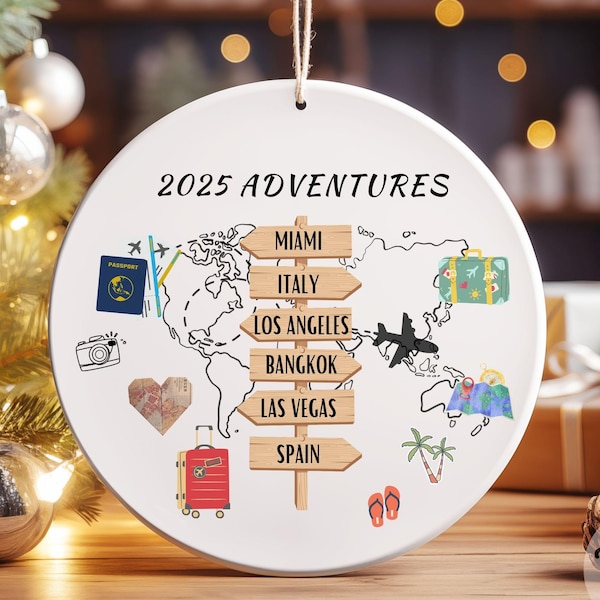 Personalized Travel Ornament 2025, Christmas Ornament with Places Visited 2025, Family Vacation Travel Memories, Signboard with Locations