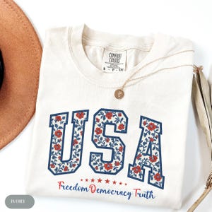 Comfort Colors® Subtle FDT Floral USA Tee, 4th of July FDT Shirt, Freedom Democracy Truth Shirt, Floral Usa Anti Trump Tee, Anti Maga Shirt