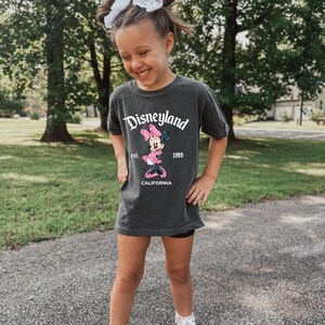 May include: Dark gray t-shirt with a Disneyland graphic featuring Minnie Mouse in a pink dress and bow. The shirt has the text "Disneyland est. 1955 CALIFORNIA" in white. The shirt is worn by a person.