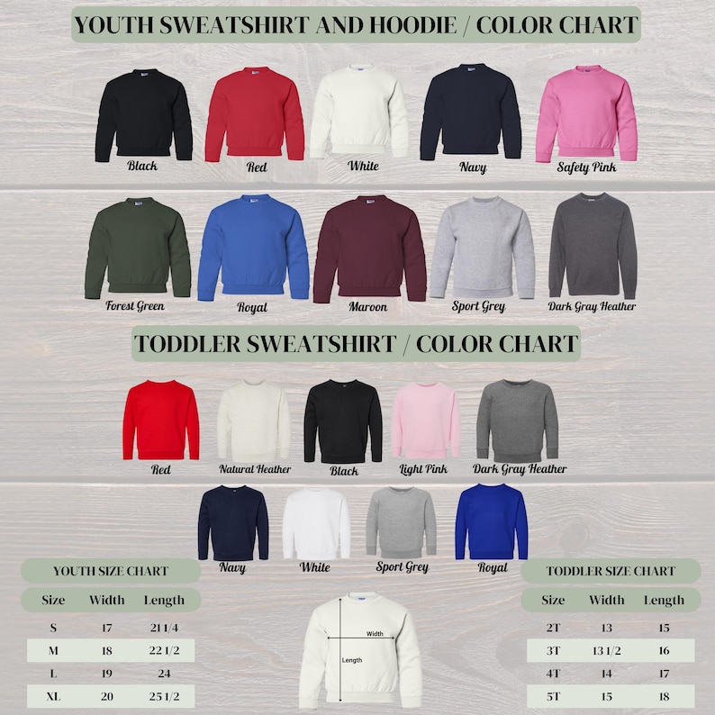 K&ouml;nnte beinhalten: Farbkarte f&uuml;r Sweatshirts und Hoodies f&uuml;r Jugendliche und Sweatshirts f&uuml;r Kleinkinder. Zu den Farben geh&ouml;ren Schwarz, Rot, Wei&szlig;, Marine, Rosa, Gr&uuml;n, Blau, Burgunderrot und Grau. Gr&ouml;&szlig;en&uuml;bersichten f&uuml;r Jugendliche und Kleinkinder sind ebenfalls abgebildet.