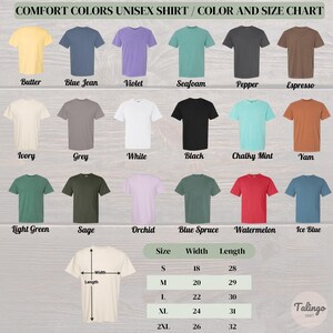 May include: A chart showing the color and size options for unisex t-shirts. The chart shows 18 different colors of t-shirts, including Butter, Blue Jean, Violet, Seafoam, Pepper, Espresso, Ivory, Grey, White, Black, Chalky Mint, Yam, Light Green, Sage, Orchid, Blue Spruce, Watermelon, and Ice Blue. The chart also shows the size options for the t-shirts, which are S, M, L, XL, and 2XL. The chart also includes the width and length measurements for each size.