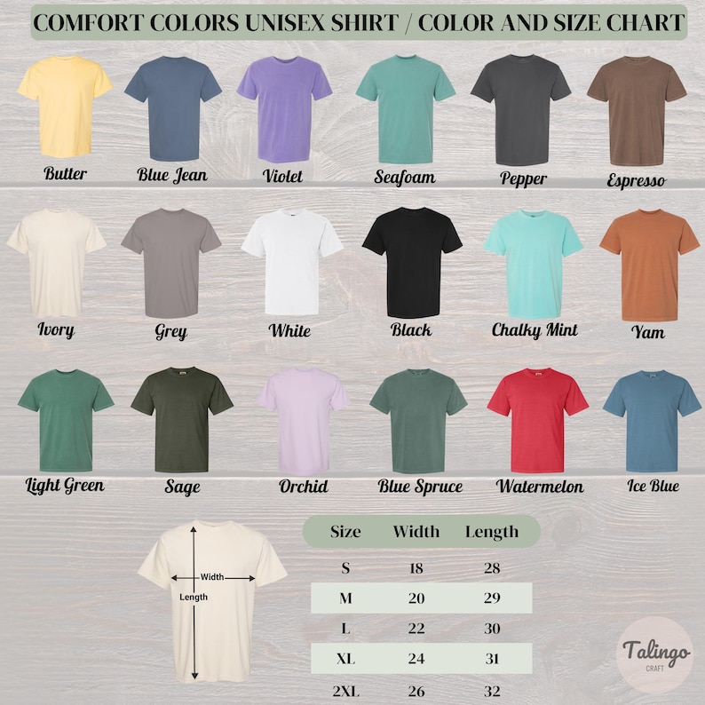 May include: A chart showing the color and size options for unisex t-shirts. The chart shows 18 different colors of t-shirts, including Butter, Blue Jean, Violet, Seafoam, Pepper, Espresso, Ivory, Grey, White, Black, Chalky Mint, Yam, Light Green, Sage, Orchid, Blue Spruce, Watermelon, and Ice Blue. The chart also shows the size options for the t-shirts, which are S, M, L, XL, and 2XL. The chart also includes the width and length measurements for each size.