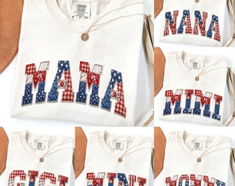 Camiseta Comfort Colors® con estampado de patchwork acolchado falso para mamá, regalo patriótico para mamá del 4 de julio, camisetas familiares americanas Gigi Nana