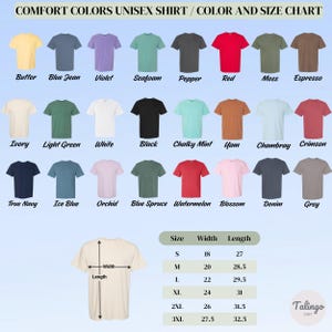 May include: A Comfort Colors unisex shirt color and size chart displaying twenty-four t-shirt color swatches with labels including Butter, Blue Jean, Violet, Seafoam, Pepper, Red, Moss, Espresso, Ivory, Light Green, White, Black, Chalky Mint, Yam, Chambray, Crimson, True Navy, Ice Blue, Orchid, Blue Spruce, Watermelon, Blossom, Denim, and Grey, alongside a size guide table with width and length measurements in inches.