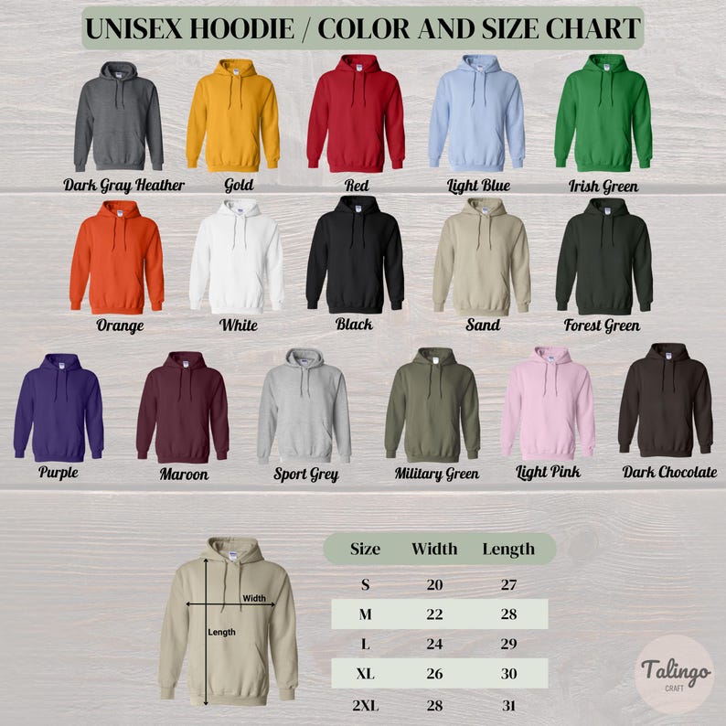 K&ouml;nnte beinhalten: Eine Farbkarte f&uuml;r Unisex-Hoodies mit Farben wie Dunkelgrau, Gold, Rot, Hellblau und Gr&uuml;n. Die Karte enth&auml;lt auch Gr&ouml;&szlig;en-, Breiten- und L&auml;ngenmessungen f&uuml;r jede Gr&ouml;&szlig;e, von S bis 2XL.