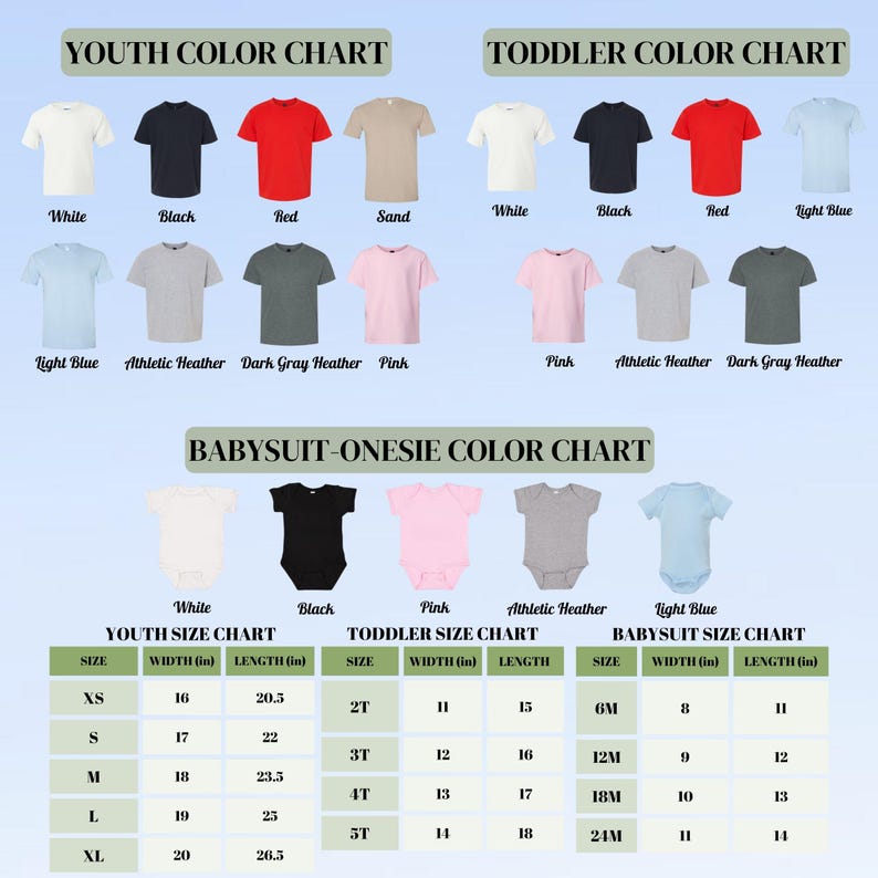 Puede incluir: Tablas de colores para j&oacute;venes, ni&ntilde;os peque&ntilde;os y beb&eacute;s en varios colores, incluyendo blanco, negro, rojo y rosa. Tambi&eacute;n se incluyen tablas de tallas, con medidas en pulgadas para el ancho y el largo.