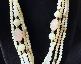 Collier Vintage Deux Rangs Perles Carrées Quartz Rose Et Nacre - Style Années 80, Occasion Très Bon état