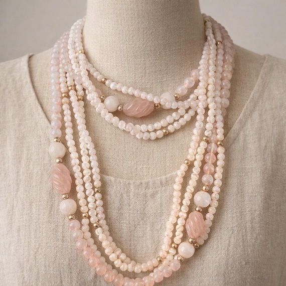Vintage Rose Quartz & Shell Beaded Necklace by Karla Jordan