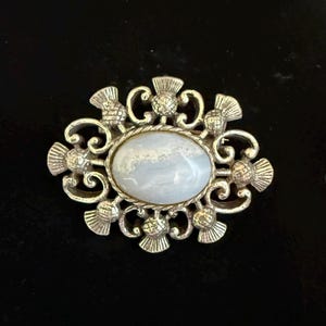 Vintage Scottish Blue Lace Agate Chalcedony Thistle Celtic Brooch