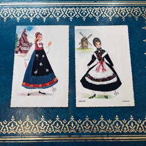 Postales vintage de trajes folclóricos daneses y noruegos: tarjetas de recuerdo de tela bordada, década de 1950