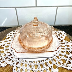 Rare Vintage 1930s Pink Depression Glass Covered Butter Dish - Adam by Jeannette Glass Company - Square Dish with Round Lid.
