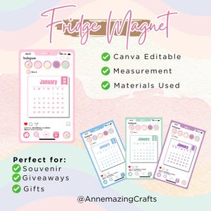 Puede incluir: Imanes para nevera con diseño de pantallas de smartphone, cada uno mostrando un calendario de enero de 2025. Los imanes son de color rosa, azul, verde y morado. El texto "Fridge Magnet" está escrito en cursiva.