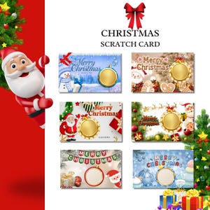 Puede incluir: Una colección de tarjetas rasca y gana navideñas con varios diseños festivos. Cada tarjeta presenta un círculo dorado para rascar, con imágenes de Papá Noel, muñecos de nieve y decoraciones navideñas. El texto "Merry Christmas" se muestra en cada tarjeta.
