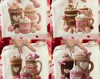 Paquete de imágenes PNG de café de San Valentín tejido: Taza de cacao tejida, taza con forma de corazón (descarga digital)