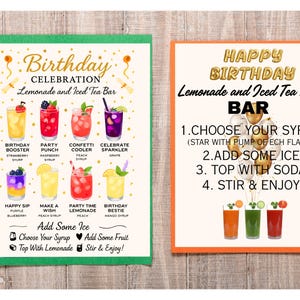 Plaque anniversaire limonade 2PNG et 2PDF Menu de boissons imprimable et coloré, noms de saveurs personnalisés, fête d'anniversaire, boisson de célébration d'anniversaire