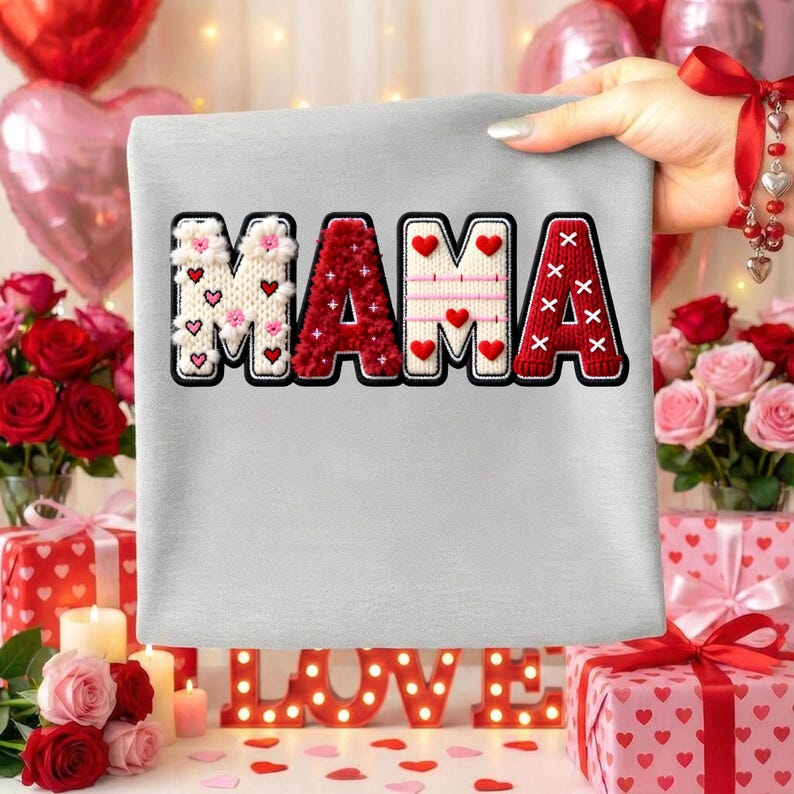 Op de afbeelding: Een lichtgrijs sweatshirt met het woord "MAMA" in een decoratief, gestructureerd ontwerp. De letters zijn zwart omlijnd. De "M" is wit met roze bloemen en hartjes, de "A" is rood en de andere "A" is rood met witte hartjes.