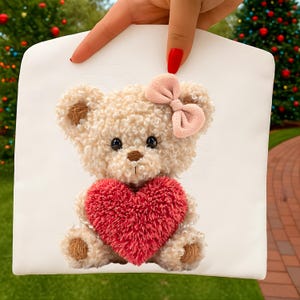 Faux Yarn Coquette Teddy Bear Valentine PNG, Chunky Knit Heart Sublimation Design