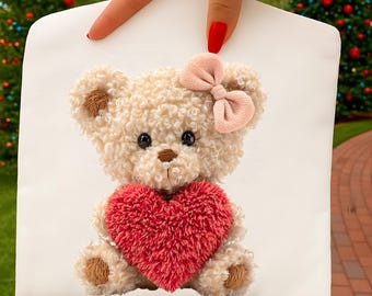 Faux Yarn Coquette Teddy Bear Valentine PNG, Chunky Knit Heart Sublimation Design