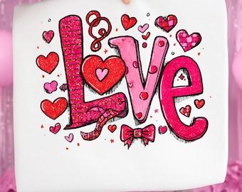 Valentines Coquette Love PNG Faux Glitter Harten Preppy V Day Shirt Design Trendy Girly 14 februari penseelstreek sublimatie digitale download