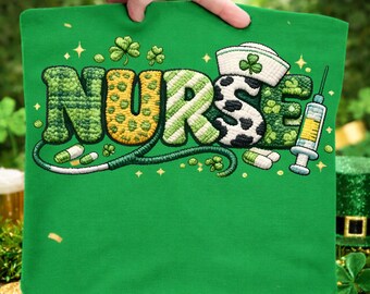 St. Patrick’s Day Nurse PNG, Shamrock Bow, Faux Yarn Texture (Sublimation Download)