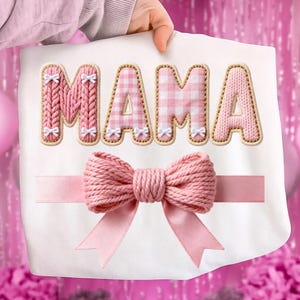 Pink Latch Hook Crochet Mama PNG, Faux Yarn 3D Knitted Mama Shirt PNG, Trendy Motherhood Sublimation Design