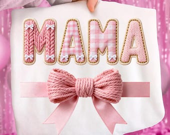 Pink Latch Hook Crochet Mama PNG, Faux Yarn 3D Knitted Mama Shirt PNG, Trendy Motherhood Sublimation Design