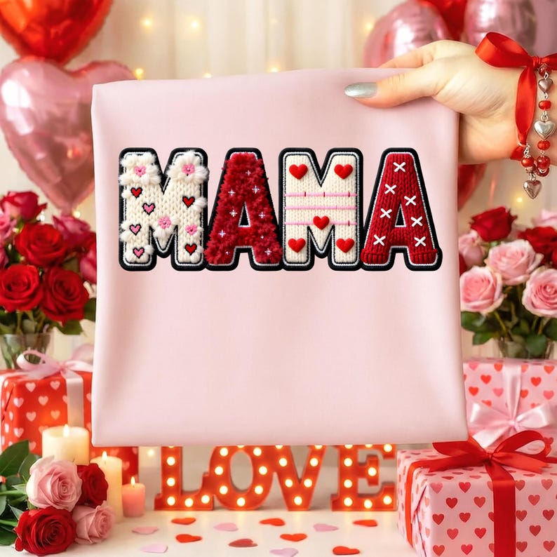 Op de afbeelding: Een lichtroze stof met het woord "MAMA" in een decoratieve, geborduurde stijl. De letters zijn in rood, wit en zwart met hart- en bloemaccenten. De afbeelding is geplaatst tegen een achtergrond van rozen, cadeaus en ballonnen.