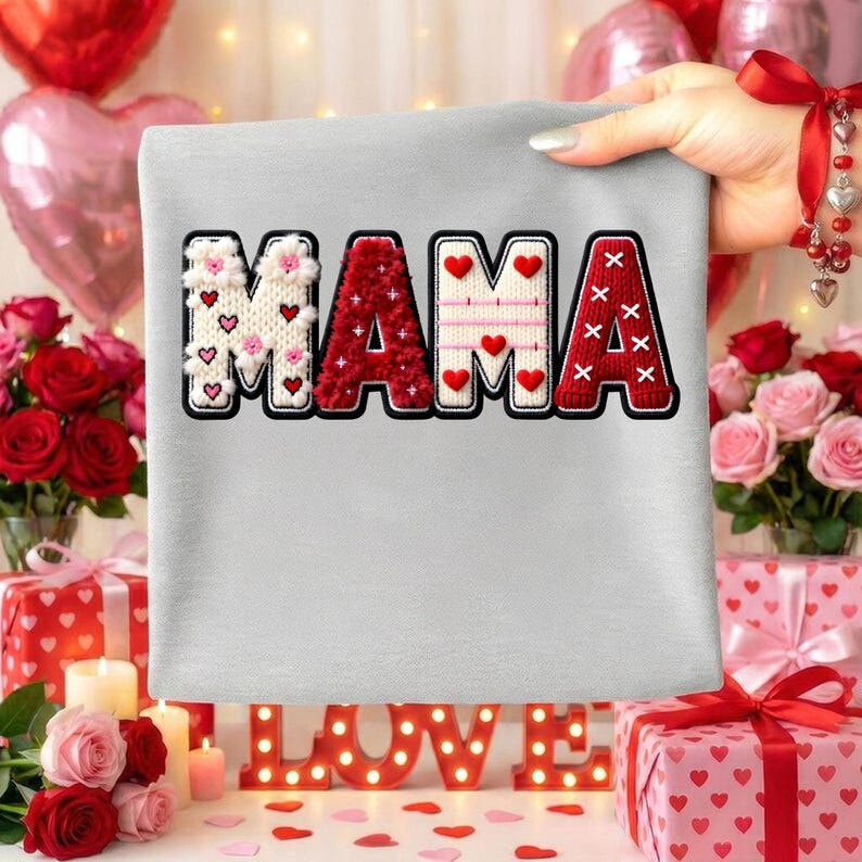 Op de afbeelding: Een lichtgrijs sweatshirt met het woord "MAMA" in een decoratief, gestikt ontwerp. De letters zijn in wit, rood en roze, met hart- en bloemaccenten. Het sweatshirt wordt door een hand omhoog gehouden.