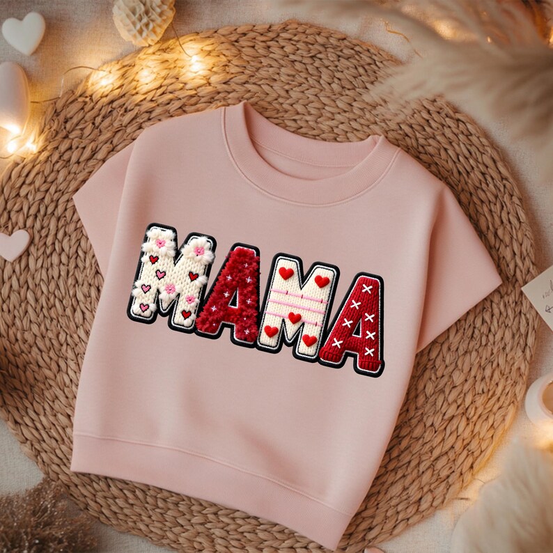 Op de afbeelding: Een lichtroze sweatshirt met korte mouwen met het woord "MAMA" in een decoratieve, geborduurde stijl. De letters zijn zwart omlijnd en gevuld met rode harten, witte breisels en rode kruissteekpatronen. De sweatshirt ligt op een geweven mat.