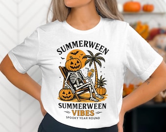 Spooky Summer PNG: Retro Halloween Skeleton Pumpkin Beach Design (Digital Download)