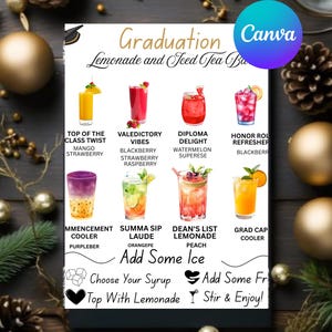 May include: A graduation-themed poster featuring a variety of colorful lemonade and iced tea drinks. Each drink is illustrated with its ingredients listed below. The poster includes text that reads "Graduation Lemonade and Iced Tea Bar".