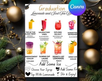 Szyld na bar z lemoniadą na zakończenie roku szkolnego: Edytowalne menu napojów, klasa 2025 (szablon Canva, PDF, PNG)