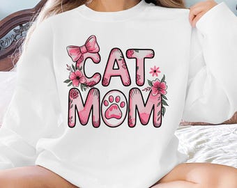 Retro Floral Cat Mom PNG SVG: Coquette Bow Design (Digital Download)