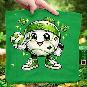May include: Green tote bag featuring a cartoon volleyball character with a green and white color scheme. The character wears a green hat with clovers and holds a volleyball. The design includes clovers and stars.