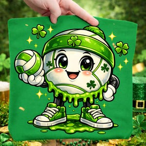 May include: Green St. Patrick's Day themed tote bag featuring a cartoon volleyball character with a green and white color scheme. The volleyball character is wearing a green hat and sneakers, holding a volleyball, and surrounded by shamrocks and stars.
