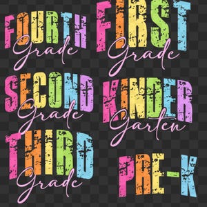 Checkered Neon Back to School PNG SVG PDF Bundle, Coquette Kindergarten Pre-K 1st 2nd 3rd 4th Grade, Hand Drawn, Girly Pink Bow, Colorful