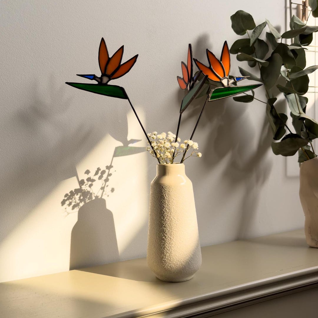 Tiffany Stained Glass Bird of Paradise – Set of 3 – Orange, Blue, White ...